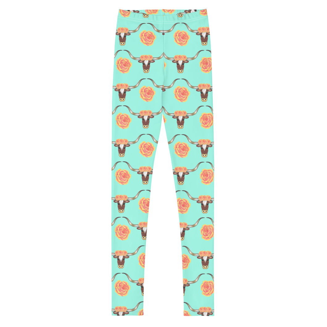 Longhorn Floral - Turquoise Youth Leggings